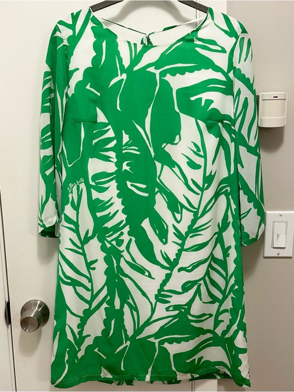 Lilly Pulitzer Target Green White Palm Shift Mini Dress S Tie Back 3/4 sleeve